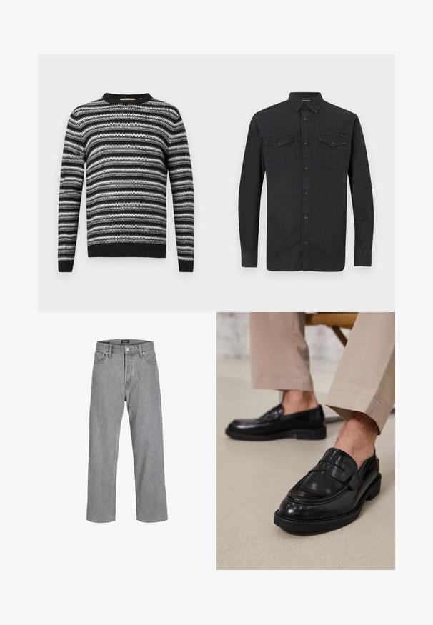 Stribet sort og hvid sweater med rund halsudskæring og lange ærmer. Har et tekstureret mønster overalt samt ribbede manchetter og linning.; Sort langærmet skjorte med knaplukning, spidse krave og to brystlommer med klapper og knaplukninger.; Grå denimbukser med en afslappet, løs pasform. Har et traditionelt fem-lomme design og en knaplukning i taljen.; Sorte lædermokkasiner med en glat overflade, der har en dekorativ rem og kontraststing, parret med beige bukser.