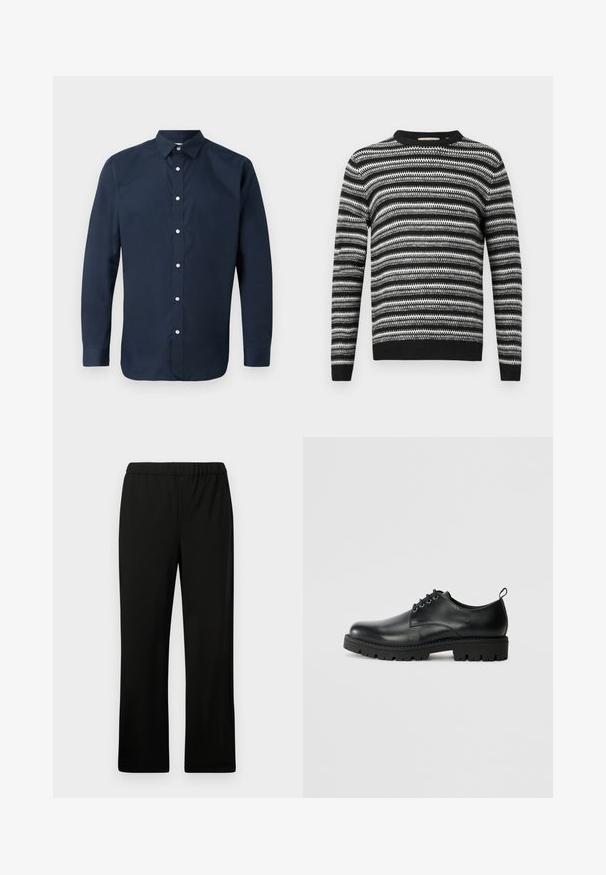Stribet sort og hvid sweater med rund halsudskæring og lange ærmer. Har et tekstureret mønster overalt samt ribbede manchetter og linning.; Mørkeblå langærmet skjorte lavet af glat bomuld med spredt krave, frontknaplukning og knap-lukkede manchetter. Ingen synlige mønstre.; Sorte elastiske bukser med lige ben-design. Fremstillet af glat stof, uden synlige mønstre eller udsmykninger.; Sort læder sko med en rund tå, der har snørelukning, solid sort gummisål og en lille hælflap bagpå.