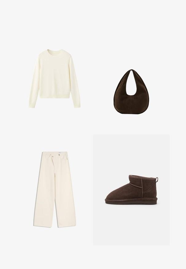 Pull à col rond manches longues couleur crème avec poignets et ourlet côtelés, présenté sur fond blanc.; Pantalon large couleur écru avec poches avant, passants pour ceinture, et boutons argentés sur la ceinture et les bords des poches.; Bianco BIASNOW - Boots à talons - dark brown; Sac à main en daim marron foncé en forme de croissant avec une seule sangle large et une texture lisse sur fond blanc.
