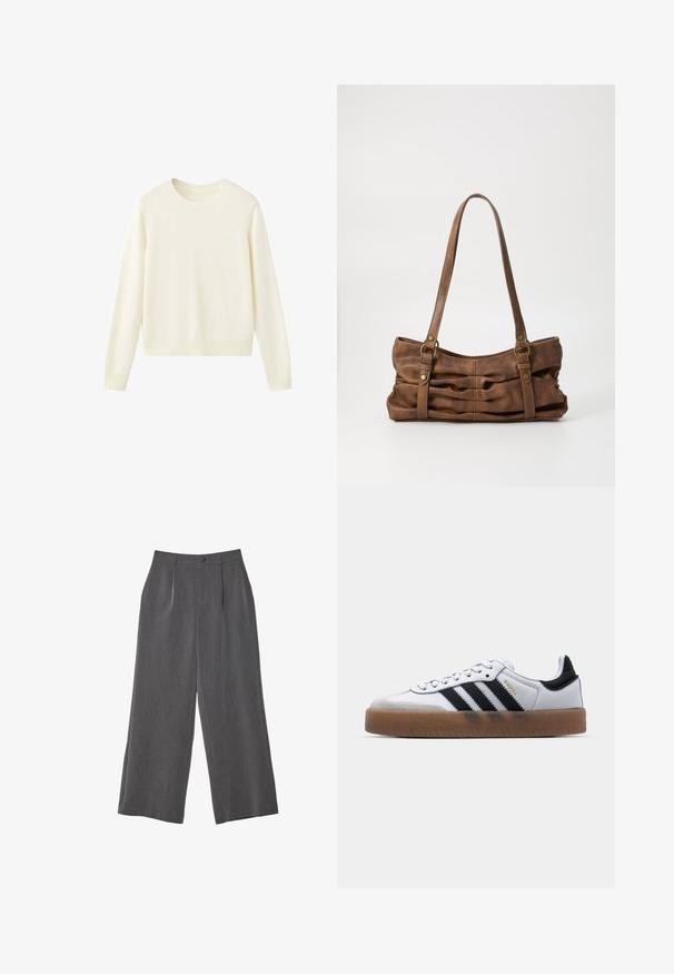 Pull à col rond manches longues couleur crème avec poignets et ourlet côtelés, présenté sur fond blanc.; Pantalon gris taille haute à jambes larges, avec passants de ceinture, fermeture devant par boutons et plis subtils, posé à plat sur fond blanc.; Baskets en cuir blanc avec des rayures noires, semelle extérieure en caoutchouc beige, bout rond, fermeture lacée et embout en suède gris doux.; Even&Odd by Zalando Sac à main - brown