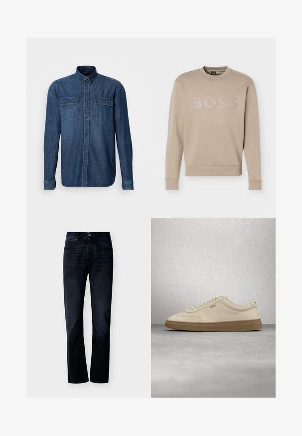 Beige crewneck-sweatshirt med lange ærmer og ribbet kant ved ærmer og bund, prydet med "BOSS"-logo på brystet.; Langærmet denimskjorte, mørkeblå, to brystlommer med klaplukninger, knaplukning foran, krave og syninger på manchetterne.; Mørk indigoblå jeans med lige ben, lukning foran med knap og lynlås, bæltestropper og fem-lomme-design, vist på ensfarvet lys baggrund.; Lyse beige ruskindssneaker med gummisål i farven gum, tydelige snørebånd og fine syningsdetaljer. Ren design med et minimalistisk æstetisk udtryk.