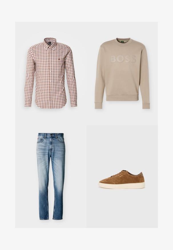 Beige crewneck-sweatshirt med lange ærmer og ribbet kant ved ærmer og bund, prydet med "BOSS"-logo på brystet.; Brun og hvid ternet langærmet skjorte med knap-ned krave og broderet logo på brystet. Bomuldsstoffets tekstur.; Blå falmede jeans med lige ben, fem lommer, knaplukning og bæltestropper, vist fladt på hvid baggrund.; Brun ruskindsneakers med rundet tå, cremefarvet gummisål og ton-i-ton snørebånd. Har præget logo på siden og en glat bagplade.