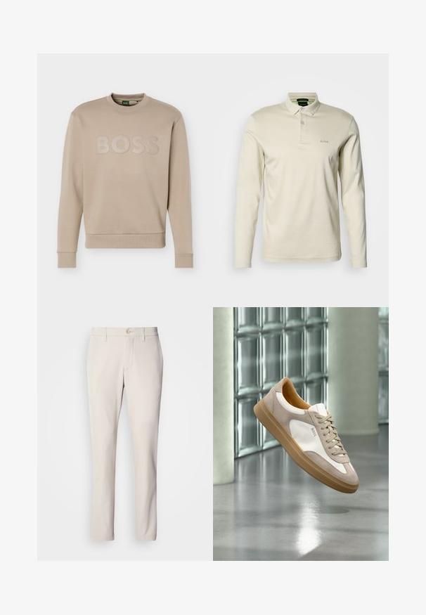 Beige crewneck-sweatshirt med lange ærmer og ribbet kant ved ærmer og bund, prydet med "BOSS"-logo på brystet.; Langærmet polo skjorte med krave i cremefarvet bomuld. Har knaplukning og diskret "BOSS" broderi på brystet.; Beige bukser med slim fit, der har en frontknaplukning, flad frontdesign og lige ben, lavet af glat bomuldsblandingsstof.; Beige og hvid sneaker med tan sål og "BOSS" logo, ophængt over en reflekterende glat gulv med glasblokvæg i baggrunden.