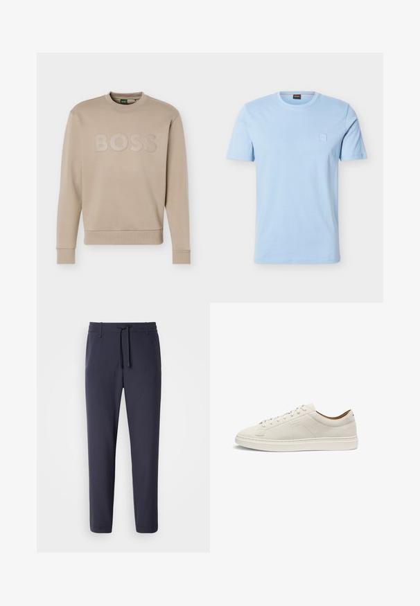 Sweatshirt beige à col rond avec manches longues et poignets, ainsi que ourlet côtelés, embossé du logo "BOSS" sur la poitrine.; T-shirt bleu clair à manches courtes avec un col rond, orné d’un petit logo carré embossé sur la poitrine gauche et d’une étiquette de cou de marque.; Pantalons de jogging navy avec une taille élastique et un cordon de serrage. Fabriqués dans un matériau lisse, avec des jambes effilées et sans poches visibles.; Baskets basses en daim beige avec lacets assortis, semelle plate, et logo "BOSS" discrètement embossé sur le côté, présentées en vue latérale.