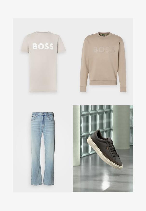Sweatshirt beige à col rond avec manches longues et poignets, ainsi que ourlet côtelés, embossé du logo "BOSS" sur la poitrine.; T-shirt en coton beige clair à manches courtes et col rond. Présente un lettrage blanc audacieux "BOSS" sur la poitrine. Texture lisse.; Jeans en denim bleu clair avec une coupe droite, dotés de cinq poches, d'une fermeture à bouton et d'une légère décoloration sur le tissu.; Baskets en cuir marron avec semelle blanche et lacets blancs, marquées "BOSS", présentées flottant à l’intérieur près d’un mur en blocs de verre et d’un sol lisse.