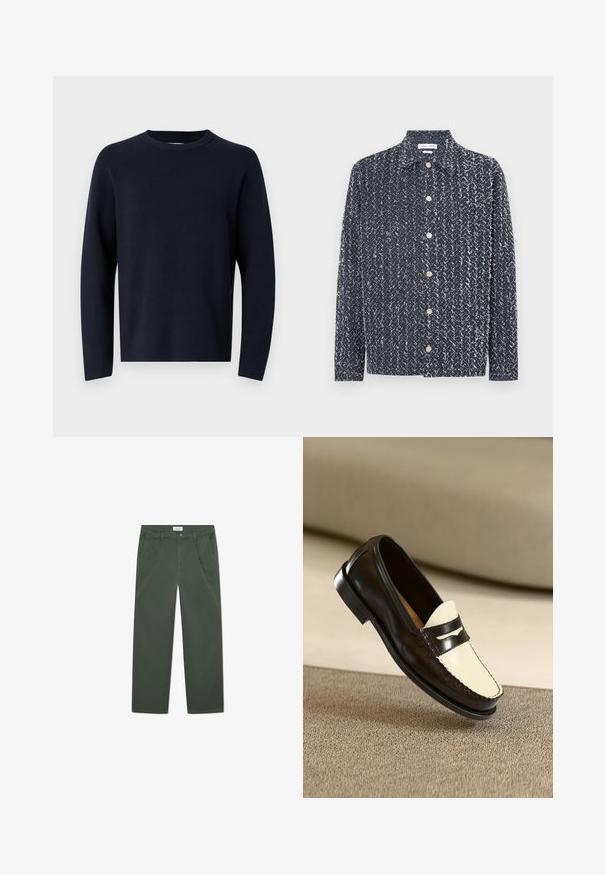 Suéter azul marino, de cuello redondo, de mangas largas, hecho de una tela suave con una textura lisa. Diseño sencillo, sin patrones ni herrajes visibles.; Camisa azul marino abotonada con un tejido texturizado y estampado que presenta detalles en blanco. Cuello, mangas largas con un corte holgado. Botones plateados visibles.; Pantalones de algodón verde oscuro con un diseño de pierna recta, bolsillos frontales y cierre de botón en la cintura. Textura suave, sin patrones.; Mocasines de cuero negro con un vampiro color crema y rayas de acento negras, presentando un tacón bajo y costuras detalladas a lo largo de los bordes.