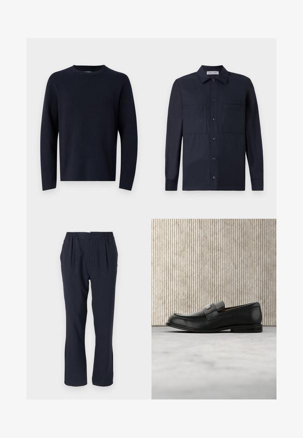 Marineblauer Pullover, Rundhalsausschnitt, lange Ärmel, aus weichem Stoff mit glatter Textur. Einfaches Design, keine sichtbaren Muster oder Hardware.; Samsøe Samsøe TAKA JO OVERSHIRT - Hemd - dark blue; Himmelblaues Hosen aus weichem Stoff mit einem elastischen Bund, ausgestattet mit vorderen Falten und einem geraden Bein-Design.; Schwarzer Lederloafer mit einer Metallmarkenplatte, der nahe einem braunen runden Tisch auf beigem Teppichboden ruht.