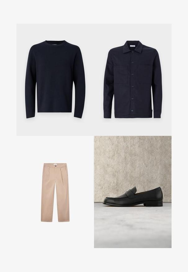 Marineblauer Pullover, Rundhalsausschnitt, lange Ärmel, aus weichem Stoff mit glatter Textur. Einfaches Design, keine sichtbaren Muster oder Hardware.; Marineblaues Hemd mit klassischem Kragen, zwei vorderen Taschen, langen Ärmeln und einer glatten Baumwollstruktur.; Khaaki-Hosen aus Baumwolle mit geradem Bein, ausgestattet mit zwei Vordertaschen, einem Knopfverschluss und einer klassischen Passform.; Schwarzer Leder-Slipper schwebt über einem beigen Teppich, im Hintergrund ein glänzender, runder brauner Tisch.