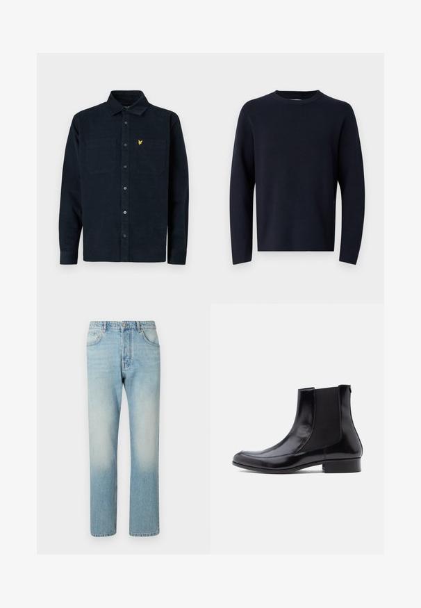 Marinblå sweater, rund halsudskæring, lange ærmer, lavet af blødt stof med en glat tekstur. Enkelt design, ingen synlige mønstre eller hardware.; Mørkeblå kordfløjlsskjorte med knaplukning, to brystlommer og et lille gult logo på venstre lomme.; Lyseblå jeans lavet af denim, med et lige ben-design, fem lomme-struktur og falmet vaskeffekt ved lårene.; Sorte læderankelstøvler med elastiske sidepaneler, en glat tekstur, rundet tå og lav blokhæle. Enkel, strømlinet design med minimal syning.