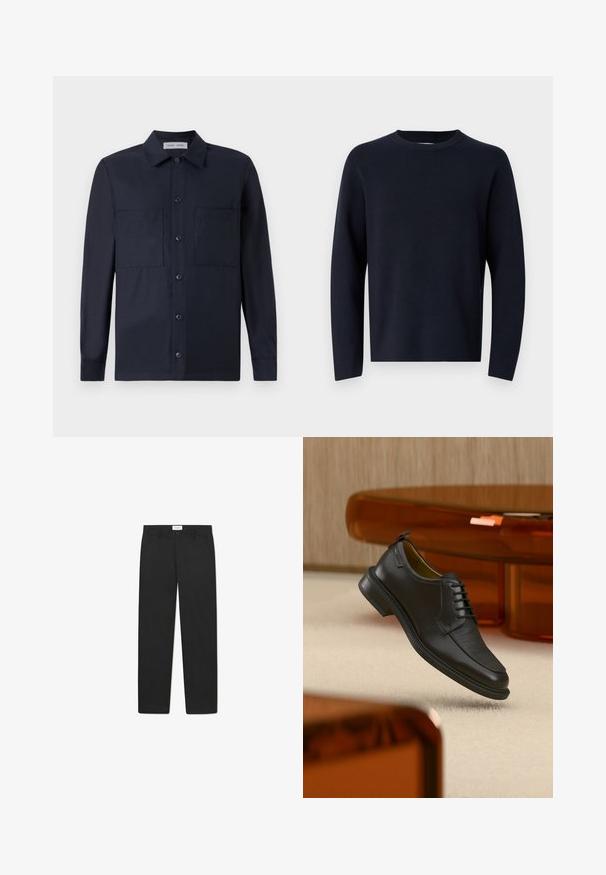 Marinblå sweater, rund halsudskæring, lange ærmer, lavet af blødt stof med en glat tekstur. Enkelt design, ingen synlige mønstre eller hardware.; Samsøe Samsøe TAKA JO OVERSHIRT - Skjorter - dark blue; Sorte bukser med lige ben-design, lavet af stof med en glat tekstur, med to forlommer og en standard talje.}}; Sort lædersko med snørebånd og tekstureret front, svævende over beige tæppe i et moderne rum med møbler i ravfarvet toning.