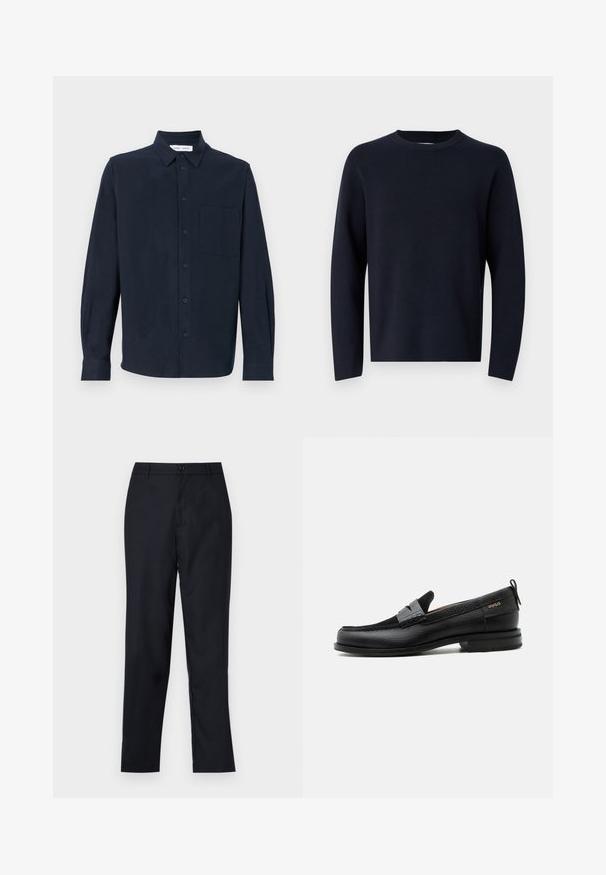 Marinblå sweater, rund halsudskæring, lange ærmer, lavet af blødt stof med en glat tekstur. Enkelt design, ingen synlige mønstre eller hardware.; Mørkeblå langærmet skjorte lavet af blødt stof, med knaplukning foran, spidse kraver og en enkelt brystlomme.; Marineblå bukser lavet af glat stof, med lige ben design, en enkelt knaplukning og subtile forfald i fronten.; Sort læderloafer med grå remdetalje, lav hæl og tekstureret sål, mærket med "HUGO" i guld på siden.