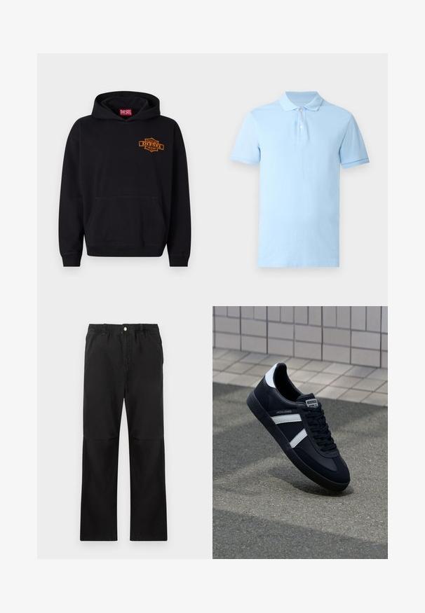 Zwarte hoodie van katoen met een voorzak in kangoeroestijl. Heeft een oranje geborduurd "DIESEL"-logo op de borst en ribgebreide manchetten.; Lichtblauw poloshirt met korte mouwen, twee witte knopen en een geribde kraag en manchetten op effen achtergrond.; Zwarte katoenen broek met een elastische tailleband, voorzien van een recht model, een gladde textuur en zonder zichtbare accenten of patronen.; Zwarte leren sneaker met witte strepen, een gestructureerde rubberen zool en vetersluiting aan de voorkant. Voorzien van een merklabel op de tong.