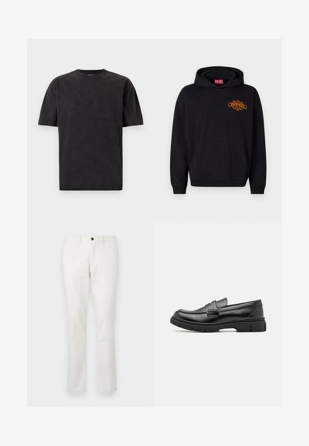 Zwarte hoodie van katoen met een voorzak in kangoeroestijl. Heeft een oranje geborduurd "DIESEL"-logo op de borst en ribgebreide manchetten.; Zwarte katoenen T-shirt met een ronde halslijn, korte mouwen en een gladde textuur. Heeft een licht vervaagde uitstraling over de stof.; Jack & Jones PREMIUM JPSTMARCO DAVE - Chino - antique white; Zwarte leren instapper met een brede band over de voet, rubberen zool met dikke noppen en een gladde textuur. Klassiek, strak ontwerp.