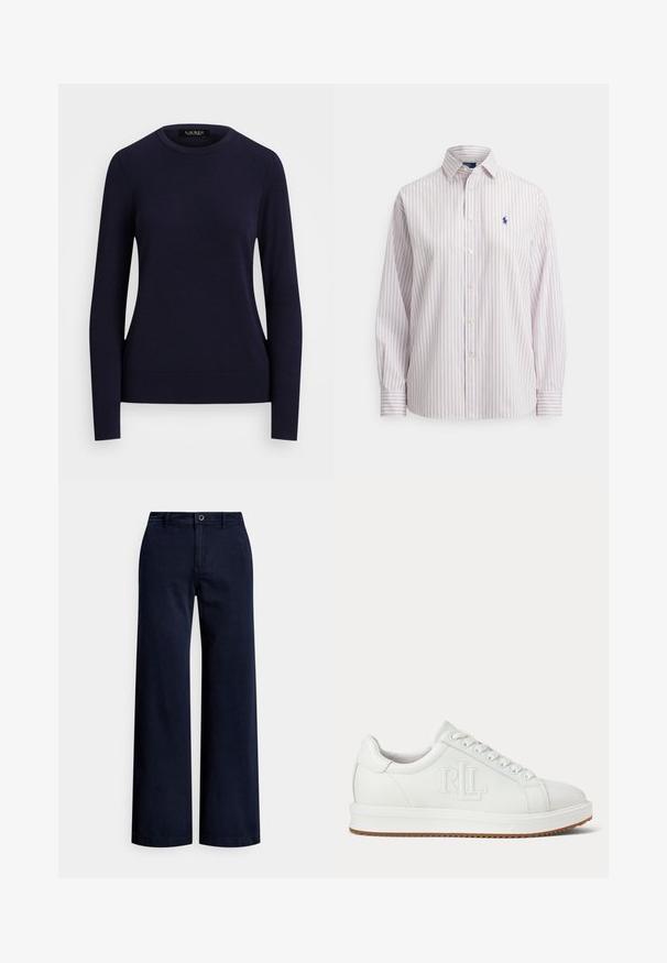 Suéter de punto azul marino con cuello redondo, mangas largas, puños y dobladillo acanalados, que presenta una textura suave y un diseño ceñido.; Camisa de manga larga con botones, con finas rayas verticales rojas y azules, cuello puntiagudo y pequeño logo bordado en azul marino de un caballo en el pecho.; Pantalones de pierna ancha en color azul marino, fabricados en algodón, con cierre frontal de botones, trabillas para cinturón y un acabado liso y texturizado.; Zapatilla blanca de piel de caña baja con cordones delanteros y logo RLL en relieve en el lateral, con suela estriada color marrón claro.