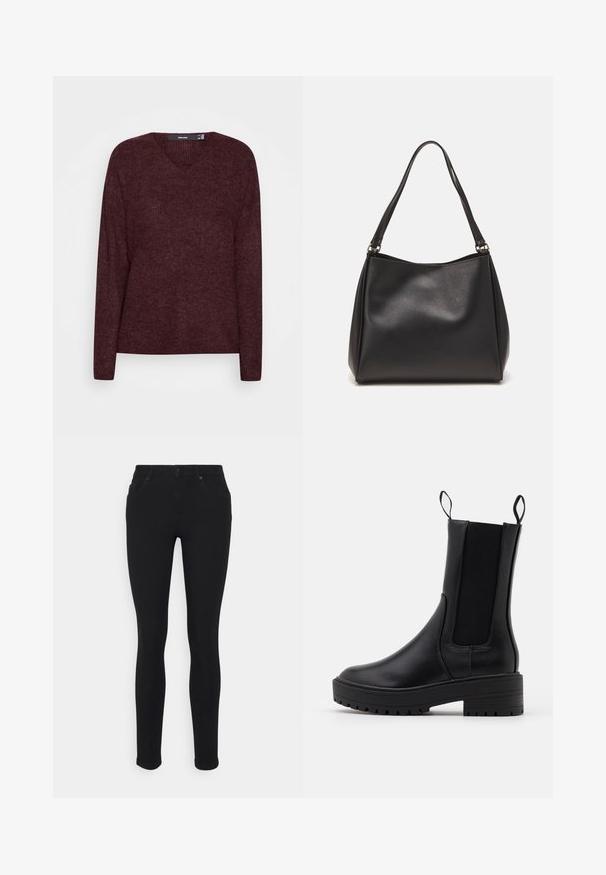 Vero Moda VMCREWLEFILE V-NECK - Džemper - winetasting; Vero Moda VMALIA SHAPE NOOS - Kitsa lõikega teksad - black; Mustad mustan värvi talvesaapad siledast nahast, elastsete külgpaneelide, tõmbenööride ja paksu, tekstureeritud taldaga, mis tagab parema haardumise.; Mustmust mustrahnaga, millel on pehme tekstuur, hobo kuju ja kaks õlavarre rihma; sisaldab läikivat viimistlust ja minimalistikku disaini.