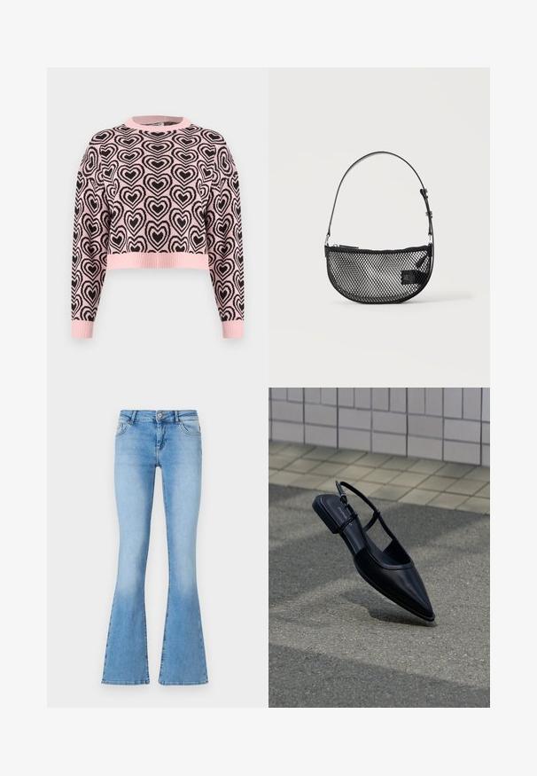 Lyserød cropped sweater med sort hjerteprint, ribbet rund halsudskæring og manchetter. Materialet ser blødt ud med en tekstureret overflade.; Lysblå flagrende jeans lavet af denim med midt-høj talje, med forlommer og syninger langs sømme og kanter.; Sort slingback-flad sko med spids tå, svævende over en asfaltflade ved siden af en flisebelagt fortov.; Sort mesh halvmåne håndtaske med en kort justerbar læderrem og lynlåslukning på en ensartet lys baggrund.