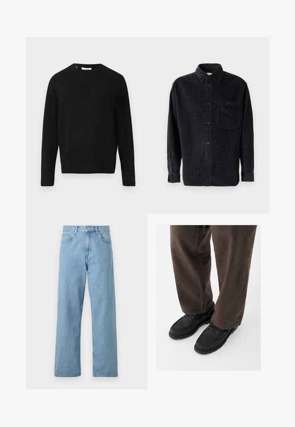 Zwarte gebreide trui met een ronde halslijn, lange mouwen en een relaxed fit. Glad textuur, minimalistisch ontwerp, geen patronen of versieringen.; Zwarte geruite overhemd met lange mouwen, gemaakt van zacht stof, met een knoopsluiting aan de voorkant, een kraag en een borstzak.; Lichtblauwe denim jeans met een rechte pasvorm, vijf zakken, knoop- en ritssluiting, en een iets vervaagde afwerking.; Zwarte leren schoenen met een gladde afwerking, ronde neus en vetersluiting, gecombineerd met textuurrijke bruine broek. Vanuit een laag perspectief gezien.
