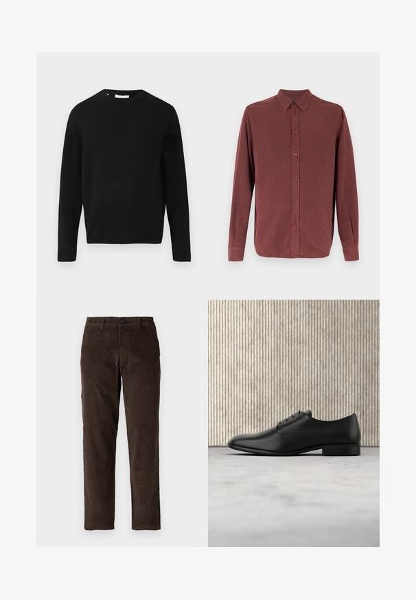 Sort striktrøje med rund halsudskæring, lange ærmer og en afslappet pasform. Glat tekstur, minimalistisk design, ingen mønstre eller pynt.; Langærmet skjorte med knapper i dæmpet burgundy med klassisk krave og enkelt knapmanchet, vist på hvid baggrund.; Brune fløjl bukser med lige ben design, der har en frontlukning med knap og standard bæltestropper. Glat tekstur og klassisk snit.; Sorte læderdressko med et elegant design, rund tå, fem snøre-læseøjer og en lille hæl. Diskret prægede logo-detaljer.