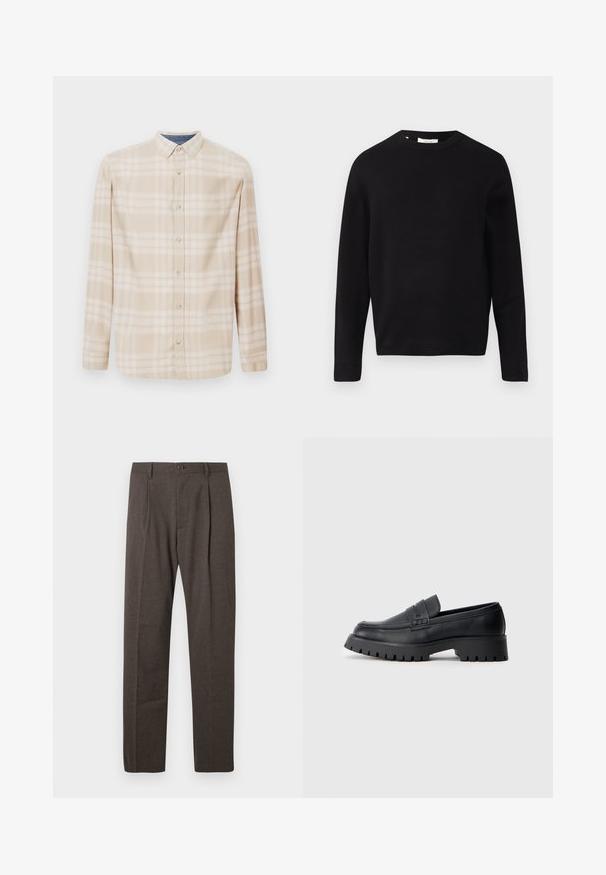 Zwarte gebreide trui met een ronde halslijn, lange mouwen en een relaxed fit. Glad textuur, minimalistisch ontwerp, geen patronen of versieringen.; Beige geruite langwerpige blouse met een knoopsluiting, knopen aan de voorkant en subtiele blauwe accenten bij de halslijn. Gemaakt van zachte stof.; Bruine op maat gemaakte broeken met voorplooien, riemlussen en een enkele knoopsluiting bij de taille tegen een witte achtergrond.; Zwarte leren instappers met een ronde neus, voorzien van een decoratieve riem en een stevige rubberen zool met diepe groeven voor grip.