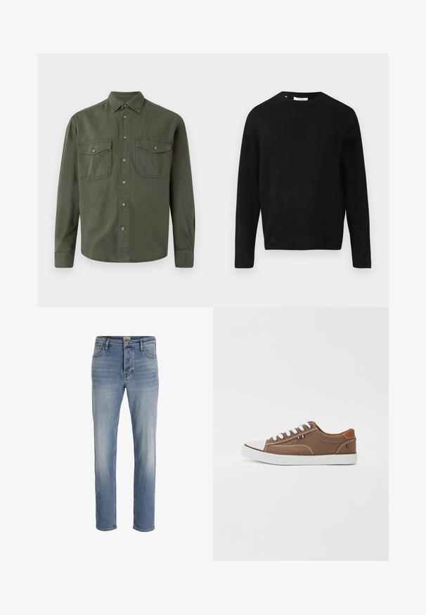 Zwarte gebreide trui met een ronde halslijn, lange mouwen en een relaxed fit. Glad textuur, minimalistisch ontwerp, geen patronen of versieringen.; Khaki langekootshirt van katoen. Heeft een knoopsluiting aan de voorkant, twee borstzakken met kleppen en een klassieke kraag. Eenvoudig ontwerp.; Lichtblauwe denim jeans met een rechte pasvorm, vijf-pocket ontwerp en subtiele vervaging. Knopsluiting bij de taille, nette afwerking bij de zomen.; Bruine canvas sneakers met witte veters, rubberen neuskap en contrasterende tan accenten op de hiel, met een klein driekleurig embleem.