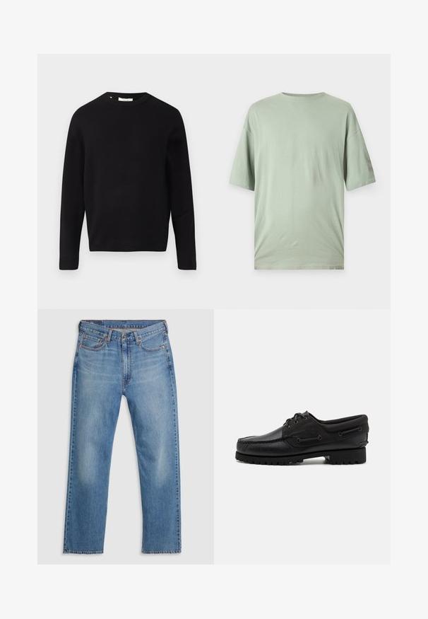 Suéter negro de punto con cuello redondo, mangas largas y corte relajado. Textura suave, diseño minimalista, sin patrones ni adornos.; Camiseta de manga corta verde claro hecha de tejido suave. Presenta un cuello redondo y un corte holgado sin patrones ni adornos visibles.; Vaqueros de mezclilla azul de pierna recta con cierre frontal de botón y cremallera, trabillas para cinturón y diseño de cinco bolsillos sobre un fondo blanco.; Zapato negro con parte superior de cuero, acentos de textil, cordones redondos y suela de goma texturizada. Presenta costura de mocasín y detalle de marca.