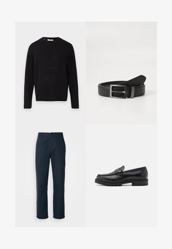 Mustapaita, jossa on pyöreä kaula-aukko, pitkät hihat ja rento istuvuus. Sujuva pinta, minimalistinen muotoilu, ei kuvioita tai koristeita.; Navy blue chinos valmistettu puuvillakankaasta, joissa on suora lahje, nappisuljenta ja sivutaskut käytännöllisyyttä varten.; Mustat nahkakengät, joissa on sileä pinta, pyöreä kärki, koristeellinen hihna kultaisella varusteella ja kestävä musta pohja.; Mustaharjo musta nahkavyö hopeisella metallisoljella, jossa on sileä pinta ja klassinen muotoilu. Vyö on siististi taitettu.