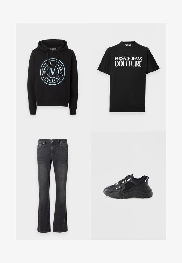 Sudadera con capucha negra con el logo circular en azul claro de Versace Jeans Couture en el frente, capucha con cordón, puños y dobladillo acanalados.; Camiseta negra de manga corta con texto en negrita blanco "VERSACE JEANS COUTURE" centrado en el frente y una etiqueta a juego en el interior del cuello.; Jeans de mezclilla negra con diseño acampanado, cinco bolsillos y cierre de botón metálico. La tela tiene una textura suave con un ligero desgaste.; Zapatilla negra con suela gruesa, con paneles de malla y detalles de cuero. Incluye cordones blancos y marca en el lateral.