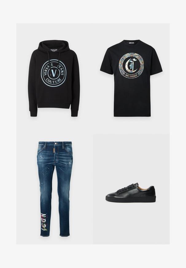 Sweat à capuche noir avec logo circulaire Versace Jeans Couture bleu clair sur le devant et capuche avec cordon de serrage, poignets et ourlet côtelés.; T-shirt noir à manches courtes avec un serpent coloré formant un cercle autour d'un "J" stylisé et le texte "Just Cavalli" en dessous.; Jean en denim bleu à coupe slim, avec des éclaboussures de peinture et un texte graphique coloré sur la jambe gauche. Couture contrastée le long des coutures.; Baskets en cuir noir avec une texture lisse, bout rond et fermeture à lacets. Comprend une semelle en caoutchouc épaisse et un minimum de détails de marque.