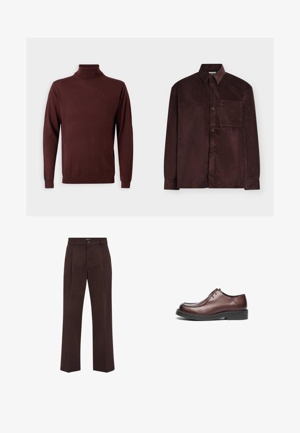 Pull col roulé uni marron foncé à manches longues avec poignets et ourlet côtelés, présenté sur un fond clair.; Chemise en velours côtelé marron foncé à manches longues avec boutons sur le devant et une poche poitrine unique côté gauche.; Pantalon droit de couleur brun foncé avec plis avant, poches latérales, passants pour ceinture, fermeture par bouton et braguette zippée.; Chaussure habillée en cuir marron avec un bout rond, des coutures visibles et une semelle en caoutchouc noir bas; design à lacets. Texture lisse sur toute la surface.