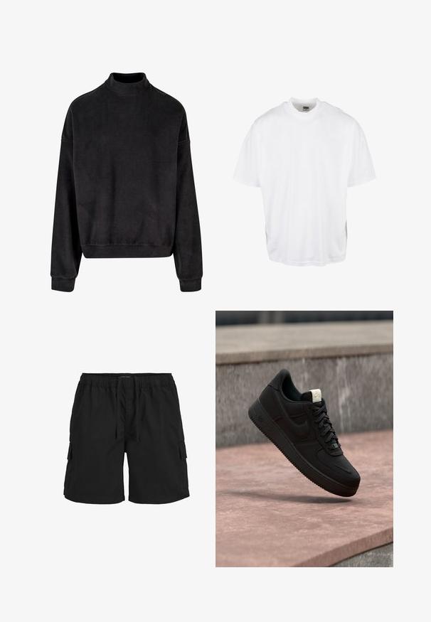 Sort sweatshirt med høj hals, lange ærmer og en afslappet pasform. Lavet af et blødt stof med en glat tekstur og ribbede manchetter.; Hvid bomulds T-shirt med en afslappet pasform, korte ærmer og rund halsudskæring, med en lige kant og ingen synlige grafikker eller mønstre.; Sorte cargo shorts med elastisk talje, snor, sidelommer og et tekstureret stof. Designet til komfort og funktionalitet.; Sort Nike Air Force 1 sneaker, der svæver over en lyserød betonforkant med en grå stenet baggrund, som viser sidde- og topdetaljer.