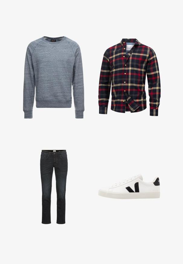 Crewneck sweatshirt in een gemêleerd blauwe stof. Geribde manchetten en zoom, met een eenvoudig ontwerp en geen zichtbare patronen of graphics.; Rood, marineblauw en beige geruit flanellen overhemd met een button-down kraag, lange mouwen en houten knopen. Heeft een afgeronde zoom.; Slim-fit jeans in een donkere denimwassingen, met vijf zakken, riemlussen en een rits. Glad textuur met minimale vervaging en stikseldetails.; Witte leren sneaker met zwarte suède accenten; voorzien van een rubberen zool, ronde neus en een klassieke vetersluiting. Zijkant met logo in het zwart.