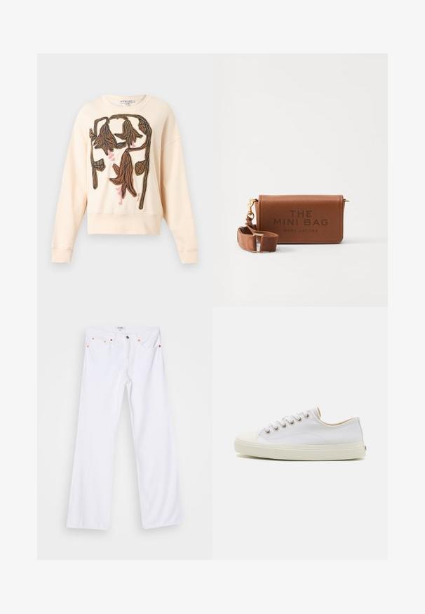 Cremefarvet sweatshirt med tekstureret brun og pink broderet abstrakt blomsterdesign foran, lange ærmer og rund halsudskæring.; Hvide denim flared jeans med orange syninger, fem lommer og metallukning. Overfladen har en glat, let struktureret finish.; Læder sneakers i hvid med rund tå, snørebånd foran og cremefarvet gummisål. Har metaløjer og syet detaljer.; Brun læder mini taske med prægede bogstaver, en lynlås lukning og en aftagelig rem til alsidig bæring. Guld accenter inkluderet.