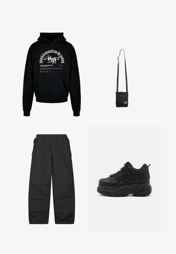 Sort hættetræner med frontlomme. Har hvidt fed skrift og grafisk design. Lavet af blødt stof med ribbede manchetter og kant.; Sorte bomuldsbukser med elastisk talje, to sidelommer og en afslappet pasform. Har sømme og et minimalistisk design.; Svarte lædersneakers med chunky såler, tykk gummisål, slankt design og teksturerede detaljer. Har snørebånd og en pull tab ved hælen.; Sort crossbody taske med justerbar rem og lille hvid rektangulær logo-patch på den nederste forside.