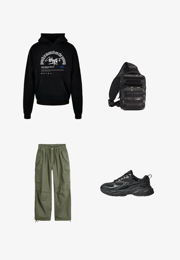 Sweatshirt à capuche noir avec poche avant. Présente un texte en gras blanc et un design graphique. Fabriqué en tissu doux, avec des poignets côtelés et une finition en ourlet.; Pantalons cargo vert olive avec une taille élastique, cordon de serrage, plusieurs poches latérales et des poignets fuselés. Fabriqués en coton durable.; Baskets de sport noires en matériaux mesh et synthétiques, avec un embout rond, une semelle épaisse et courbée, et des accents texturés. Comprend des lacets et un onglet au talon.; Sac tactique compact camouflage noir et gris avec plusieurs compartiments zippés et une bandoulière rembourrée réglable.