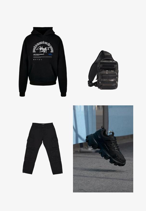 Sudadera con capucha negra y bolsillo delantero. Presenta texto en negrita blanca y diseño gráfico. Fabricada con un tejido suave, con puños y terminación de dobladillo acanalados.; Pantalones cargo negros hechos de tela duradera, con múltiples bolsillos cargo, tobillos con cremallera y piernas rectas con sutiles detalles de costura.; Zapatilla negra y gruesa con suela de taco grueso flotando sobre un pavimento gris, con un fondo desenfocado azul claro y gris.; Bolsa táctica de bandolera compacta en camuflaje negro y gris con múltiples compartimentos con cremallera y correa de hombro acolchada y ajustable.