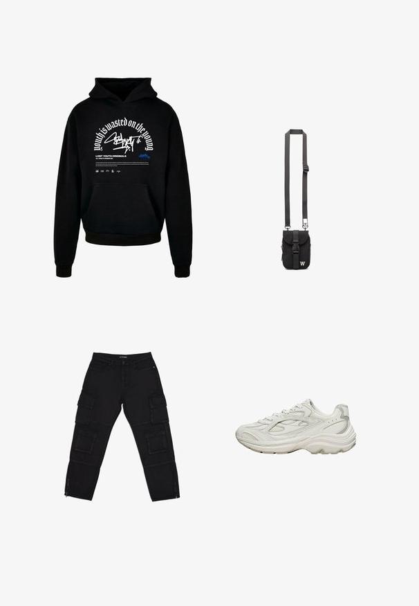 Sweatshirt à capuche noir avec poche avant. Présente un texte en gras blanc et un design graphique. Fabriqué en tissu doux, avec des poignets côtelés et une finition en ourlet.; Pantalons cargo noirs en tissu durable, dotés de plusieurs poches cargo, de chevilles zippées et de jambes droites avec des détails de couture subtils.; Baskets blanches avec une tige texturée et une semelle épaisse. Elles présentent des lignes courbes, des accents gris subtils et un design à lacets.; Sac en bandoulière noir en tissu avec sangle réglable, rabat avant et poche zippée. Doté de quincaillerie de marque et d'une forme rectangulaire compacte.