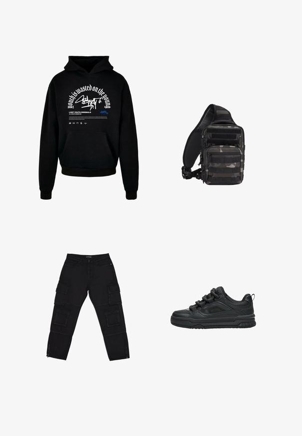 Schwarzer Kapuzenpullover mit Fronttasche. Ausgestattet mit fettem weißen Text und Grafikdesign. Hergestellt aus weichem Material, mit gerippten Bündchen und Saumabschlüssen.; Schwarze Cargo-Hosen aus robustem Stoff, ausgestattet mit mehreren Cargotaschen, Reißverschluss-Ärmeln und geraden Beinen mit dezenten Nähdetails.; Schwarzer Low-Top-Sneaker mit dicker Sohle, gepolstertem Kragen, Mesh-Einsätzen und kräftigen Schnürsenkeln, dargestellt vor weißem Hintergrund.; Kompakte schwarze und graue Camouflage-Taktik-Slingtasche mit mehreren Reißverschlussfächern und verstellbarem, gepolstertem Schultergurt.