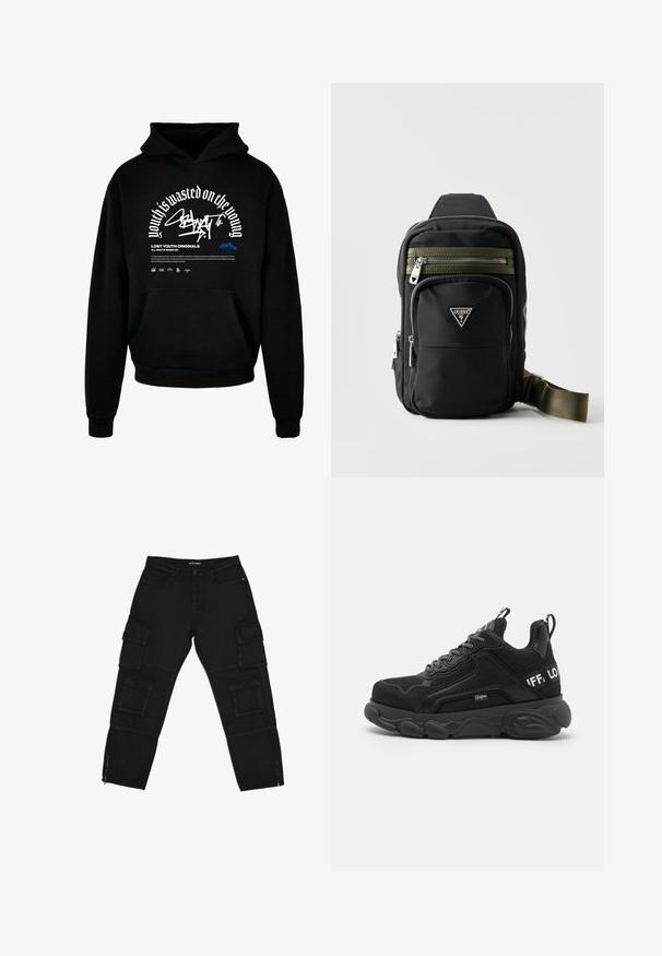 Sudadera con capucha negra y bolsillo delantero. Presenta texto en negrita blanca y diseño gráfico. Fabricada con un tejido suave, con puños y terminación de dobladillo acanalados.; Pantalones cargo negros hechos de tela duradera, con múltiples bolsillos cargo, tobillos con cremallera y piernas rectas con sutiles detalles de costura.; Zapatillas negras con suela gruesa, parte superior de malla y ante, diseño de cordones y acentos de logo. Detalles texturizados en los lados y la parte posterior.; Mochila compacta de bandolera negra con detalles de cremalleras en verde oliva, múltiples compartimentos con cremallera y un logo triangular de Guess en el bolsillo delantero.