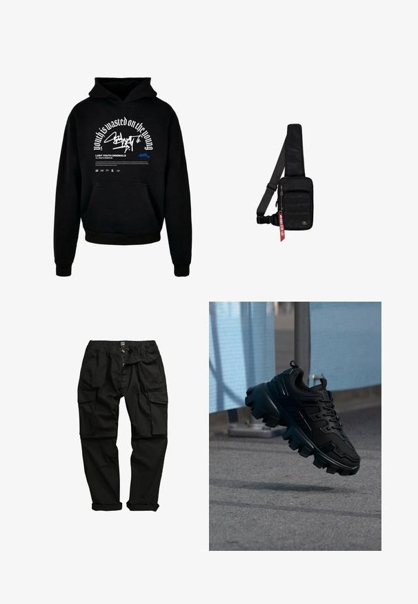 Sudadera con capucha negra y bolsillo delantero. Presenta texto en negrita blanca y diseño gráfico. Fabricada con un tejido suave, con puños y terminación de dobladillo acanalados.; Pantalones cargo negros fabricados en una mezcla de algodón. Presentan múltiples bolsillos, una cinturilla elástica y un diseño de pierna ligeramente ajustado.; Zapatilla negra y gruesa con suela de taco grueso flotando sobre un pavimento gris, con un fondo desenfocado azul claro y gris.; Bolso bandolera negro hecho de tela texturizada. Cuenta con un compartimento principal con cremallera, bolsillo delantero con cinta, correa ajustable y una etiqueta decorativa.