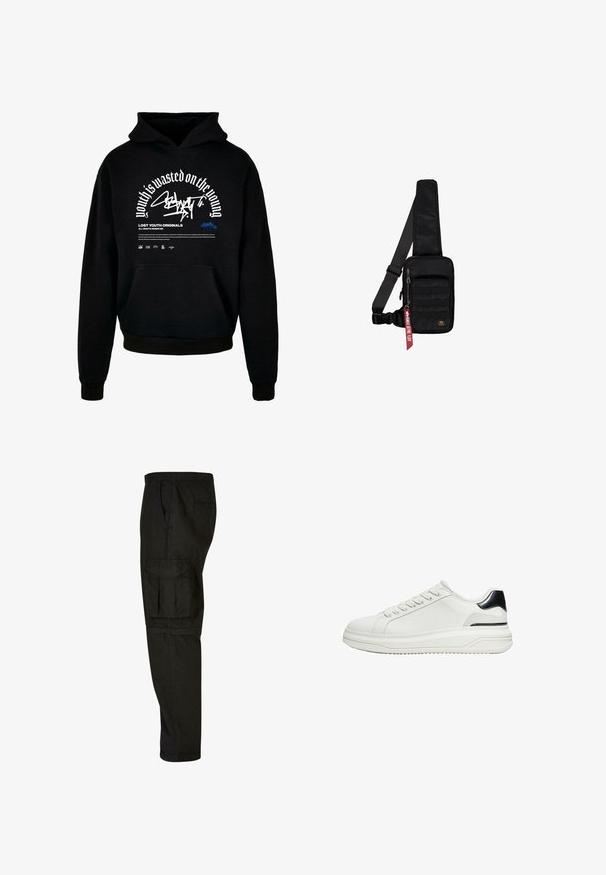 Schwarzer Kapuzenpullover mit Fronttasche. Ausgestattet mit fettem weißen Text und Grafikdesign. Hergestellt aus weichem Material, mit gerippten Bündchen und Saumabschlüssen.; Schwarze Cargo-Hosen mit lockerer Passform, elastischem Bund, Seitentaschen und einer großen Cargotasche am Oberschenkel. Weicher, leichter Stoff.; Weißer Sneaker mit niedrigem Schaft, Schnürung vorne und schwarzem Fersen-Detail auf dicker Sohle, seitlich auf weißem Hintergrund gezeigt.; Schwarze Umhängetasche aus strukturiertem Stoff. Ausgestattet mit einem Reißverschluss-Hauptfach, einer vorderen Tasche mit Gurtband, verstellbarem Riemen und einem dekorativen Anhänger.