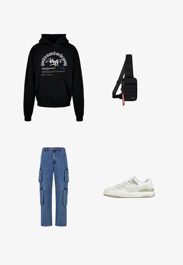 Schwarzer Kapuzenpullover mit Fronttasche. Ausgestattet mit fettem weißen Text und Grafikdesign. Hergestellt aus weichem Material, mit gerippten Bündchen und Saumabschlüssen.; Blaue Denim-Cargo-Hosen mit weitem Bein, vier großen seitlichen Taschen und kontrastierenden Nähten. Die Textur ist glatt mit einer verwaschenen Optik.; Weißer Sneaker mit niedrigem Schaft, beiger Sohle, Schnürung vorne und gepolstertem Kragen, dargestellt auf schlichtem weißem Hintergrund.; Schwarze Umhängetasche aus strukturiertem Stoff. Ausgestattet mit einem Reißverschluss-Hauptfach, einer vorderen Tasche mit Gurtband, verstellbarem Riemen und einem dekorativen Anhänger.