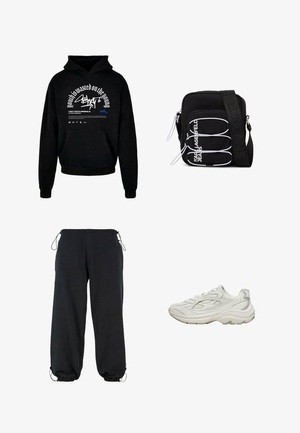 Zwarte hoodie met voorzak. Bevat opvallende witte tekst en grafisch ontwerp. Gemaakt van zacht materiaal, met ribgebreide manchetten en afwerking van de zoom.; Zwarte sweatpants gemaakt van zachte stof, met een losse pasvorm, elastische boorden en koordjes in de taille voor verstelbare maat.; Witte sneaker met een gestructureerd bovenwerk en een dikke zool. Kenmerken zijn onder andere gebogen lijnen, subtiele grijze accenten en een veterontwerp.; Zwarte crossbodytas met witte elastische lussen, ritstrekken en witte tekst "KARL LAGERFELD JEANS" op het voorvak.