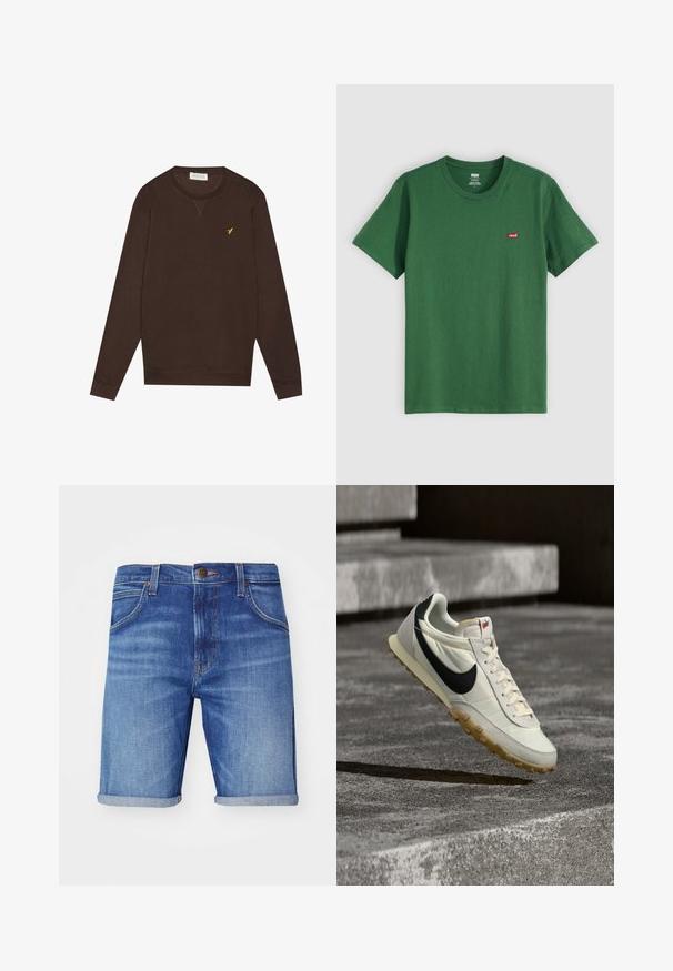 Sudadera marrón de manga larga, con puños acanalados y cuello redondo. Presenta un pequeño logo amarillo en el pecho. Textura de tela suave.; Camiseta de algodón verde con cuello redondo, mangas cortas y un pequeño logo rojo de Levi's en el lado izquierdo del pecho. Textura suave, corte estándar.; Shorts de mezclilla en azul claro con un acabado deslavado, con puños enrollados, cinco bolsillos y un botón metálico de marca en la cintura.; Zapatilla Nike blanca y negra con suela de goma suspendida sobre escalones de concreto, iluminada por luz natural.