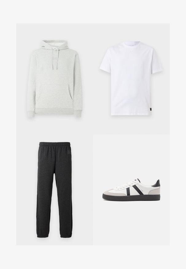 Lys grå hættetrøje med snøre i hætten, forlommer, ribbede manchetter og kant, samt et diskret logo præget på brystet.; Simpel hvid T-shirt med korte ærmer og rund halsudskæring med en lille sort vaskeanvisningslabel nederst i sømmen på en lysegrå baggrund.; Grå sweatpants lavet af blødt stof, med elastisk talje og indsnævrede ben med elastiske manchetter. Subtilt logo detalje på det ene ben.; Hvide sneakers med sorte og grå detaljer, med en tekstureret grå tåhætte, sort gummisål og flade hvide snørebånd. Rent design, minimalistisk stil.