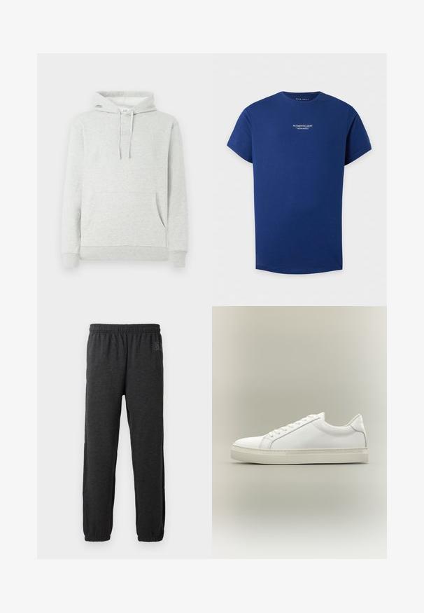 Sweat à capuche gris clair avec cordon de serrage, poche avant, manches et ourlet côtelés, avec un logo subtil embossé sur la poitrine.; T-shirt bleu marine à manches courtes avec texte blanc "Authentic Dept Pier One Originals" au centre avant.; Pantalon de survêtement gris en tissu doux, doté d'une taille élastique et de jambes fuselées avec des poignets élastiques. Détail de logo discret sur une jambe.; Baskets blanches basses à lacets sur l’avant et semelle épaisse, vues de côté sur un fond neutre.