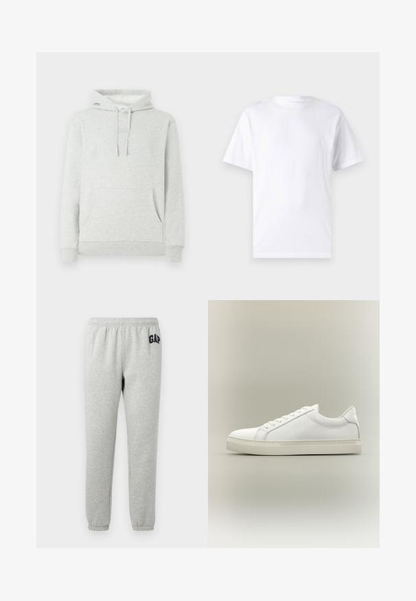 Hellgrauer Hoodie mit einer Kordelzugkapuze, Taschen vorne, gerippten Bündchen und Saum, sowie einem dezenten, eingeprägten Logo auf der Brust.; Weißes kurzärmeliges T-Shirt aus Baumwolle mit Rundhalsausschnitt, das eine glatte Textur und ein einfaches Design ohne Muster oder Akzente aufweist.; Graue Jogginghose mit elastischem Bund, abgeklebten Knöcheln und einem dunkelblauen "GAP"-Logo auf dem linken Oberschenkel. Weicher Baumwollmischstoff.; Weißer Sneaker mit niedrigem Schaft, vorn mit Schnürung und dicker Sohle, aus der Seitenansicht vor neutralem Hintergrund.