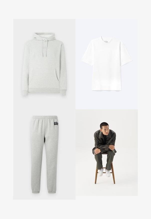 Lichtgrijze hoodie met een trekkoordkap, voorzak, ribgebreide manchetten en zoom, met een subtiele logo-embossing op de borst.; Effen witte T-shirt met korte mouwen en ronde hals, met een losse pasvorm, weergegeven op een lichte achtergrond.; Grijze sweats met een elastische tailleband, cuffed enkels, en een marineblauwe "GAP" logo op de linker boven dij. Zachte, katoenen stofmix.; Jonge man in een donkere leren jas en spijkerbroek zit op een houten kruk, leunt naar voren met gekruiste armen en kijkt naar de zijkant tegen een witte achtergrond.