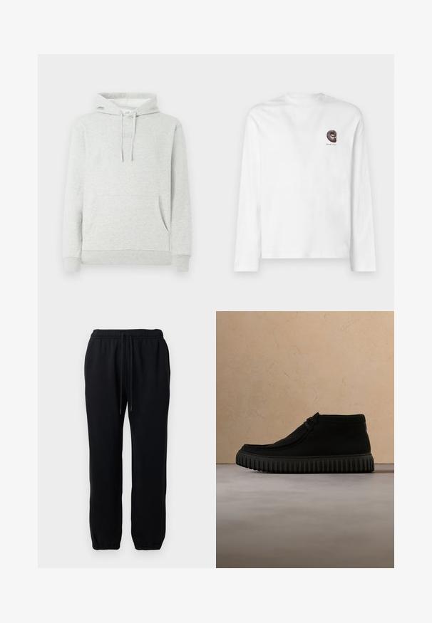 Sweat à capuche gris clair avec cordon de serrage, poche avant, manches et ourlet côtelés, avec un logo subtil embossé sur la poitrine.; T-shirt manches longues blanche en coton. Présente un petit design graphique marron foncé sur la poitrine. Encolure ronde classique et coupe droite.; Pantalons de survêtement noirs avec une taille élastique et un cordon de serrage. Tissu doux avec des poignets élastiques au niveau des chevilles. Aucun motif ni élément en métal visible.; Bottes de cheville noires en matériau doux, avec un bout rond, un lacet minimal, et une semelle en caoutchouc texturée comportant des rainures verticales.