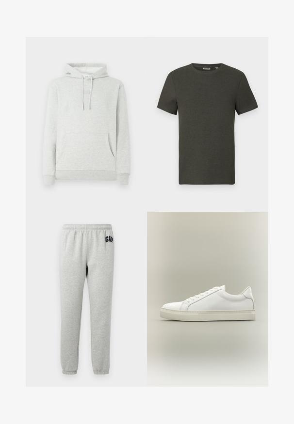 Lichtgrijze hoodie met een trekkoordkap, voorzak, ribgebreide manchetten en zoom, met een subtiele logo-embossing op de borst.; Donkergroene t-shirt met korte mouwen en een ronde halslijn, gemaakt van ribbelmateriaal; heeft een eenvoudig, minimalistisch ontwerp zonder patronen.; Grijze sweats met een elastische tailleband, cuffed enkels, en een marineblauwe "GAP" logo op de linker boven dij. Zachte, katoenen stofmix.; Witte lage sneaker met veters aan de voorkant en dikke zool, zijaanzicht tegen een neutrale achtergrond.