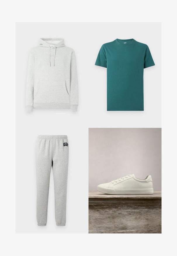 Hellgrauer Hoodie mit einer Kordelzugkapuze, Taschen vorne, gerippten Bündchen und Saum, sowie einem dezenten, eingeprägten Logo auf der Brust.; Schlichtes, kurzärmeliges T-Shirt in Blaugrün mit Rundhalsausschnitt, flach liegend mit sichtbarem GAP-Etikett innen am Kragen.; Graue Jogginghose mit elastischem Bund, abgeklebten Knöcheln und einem dunkelblauen "GAP"-Logo auf dem linken Oberschenkel. Weicher Baumwollmischstoff.; Weiße Schnürsneaker, die über einer Holzbank mit grünem Laub im Hintergrund schweben und das Schuhdesign sowie die Textur zeigen.